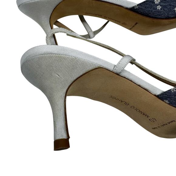 Manolo Blahnik Floral Bow Slingback Heels EU 40 Blue Grosgrain Trim Vintage - Picture 8 of 8